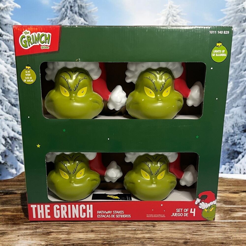 Gemmy Christmas Grinch Battery Operate Pathway Stakes 4 CT Santa Hat Light‎ Up